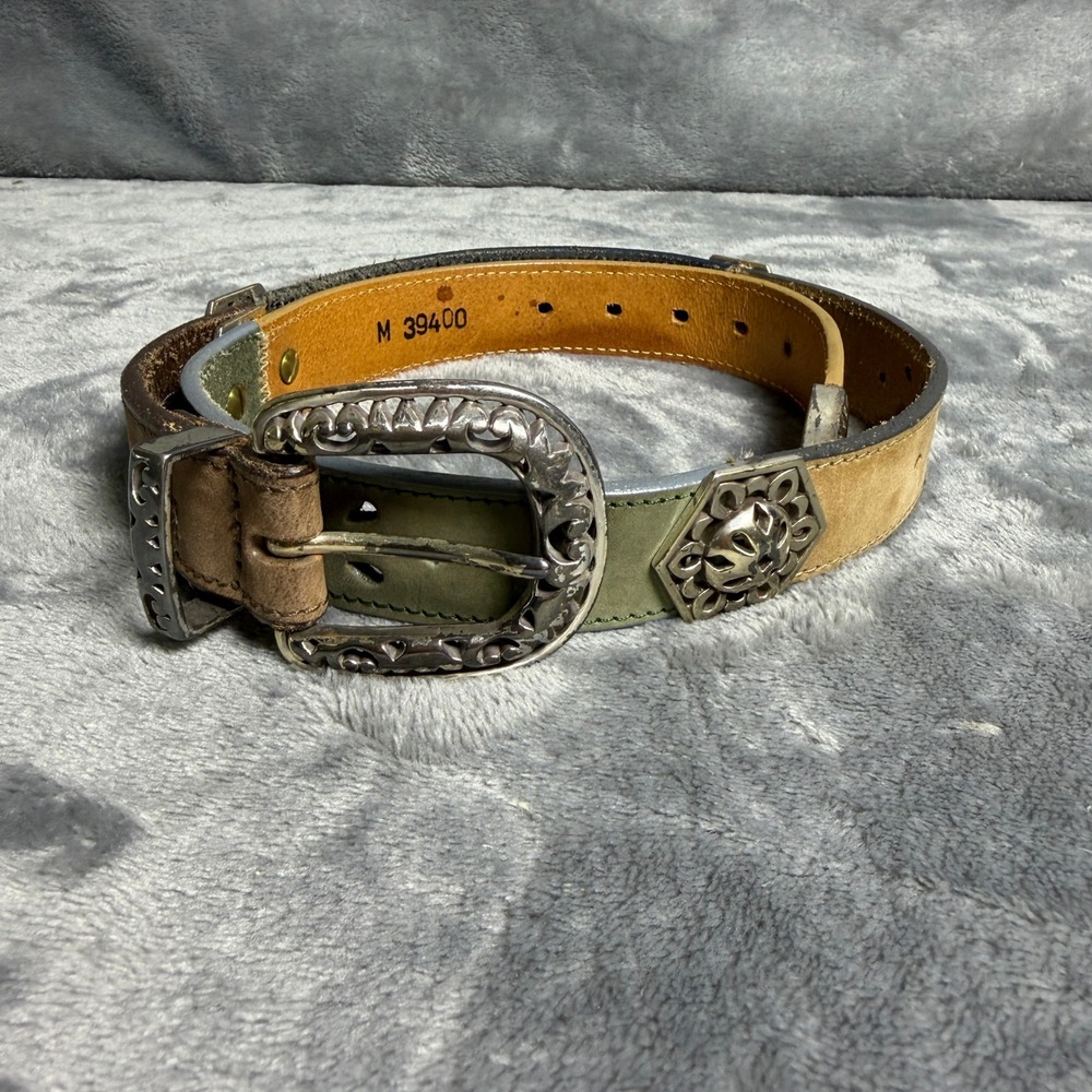 Brighton Two-Tone Olive Green and Tan Leather Belt with Decorative Silver Buckle